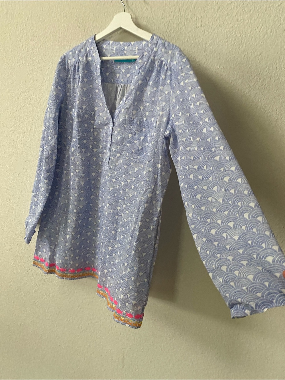 Tori Richard Blue White Scallop Print Cotton Tunic Blouse XL - Picture 3 of 10